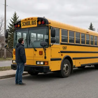 A person standing next to a yellow school bus, showing reali