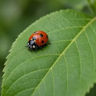A ladybug sitting on a large green leaf, shown at realistic 