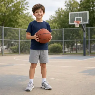 A child holding a basketball, both at correct relative sizes