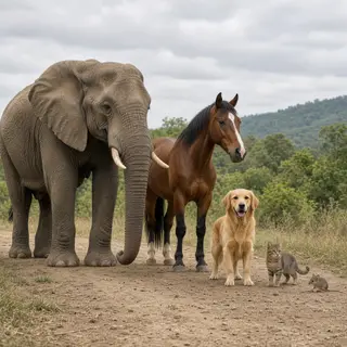A group photo of an elephant, a horse, a dog, a cat, and a m