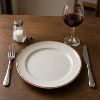 A dinner table scene with a plate, fork, knife, wine glass, 