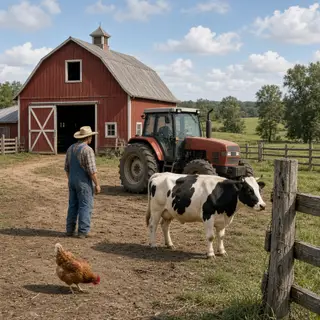 A farm scene with a barn, tractor, farmer, cow, chicken, and
