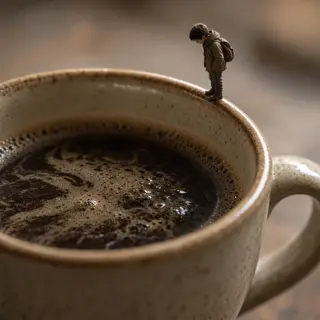 A tiny person standing on the rim of a coffee cup, looking d
