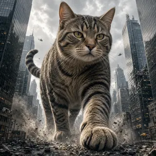 A giant tabby cat walking between city skyscrapers like a ka
