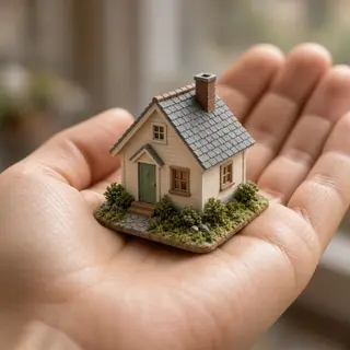A miniature house sitting on the palm of someone's hand
