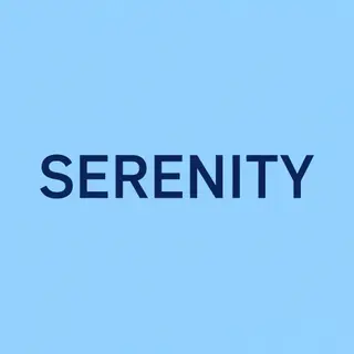 The word 'SERENITY' written large and centered on a solid li
