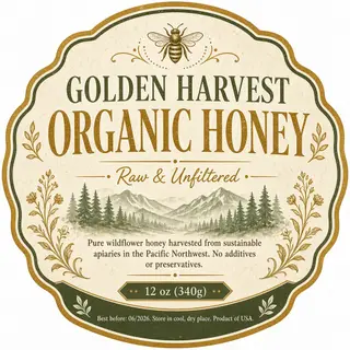 A product label for 'GOLDEN HARVEST ORGANIC HONEY' with subt