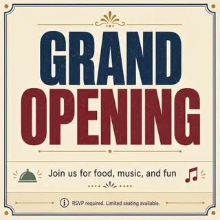 A flyer with large title 'GRAND OPENING', subtitle 'Join us 