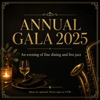 An event banner with headline 'ANNUAL GALA 2025' at the top 