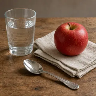 A still life on a wooden table featuring a clear glass of wa