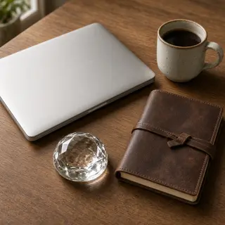 A workspace desk with a brushed aluminum laptop, a leather-b