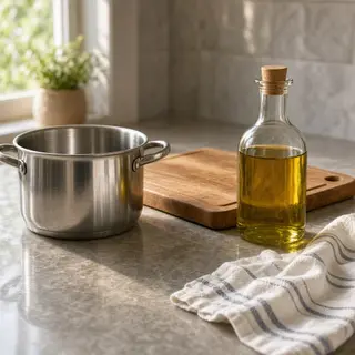A kitchen counter with a stainless steel pot, a wooden cutti