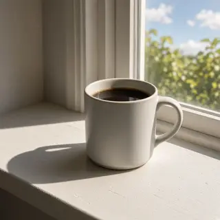 A coffee mug on a sunny windowsill casting a sharp shadow to