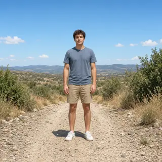 A person standing outdoors at midday with a short shadow dir