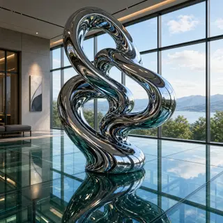 A chrome sculpture in a room with a glass floor and large wi