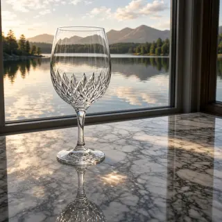 A crystal wine glass on a polished marble counter next to a 