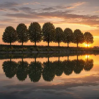 A row of trees reflected in a calm lake at sunset, with the 