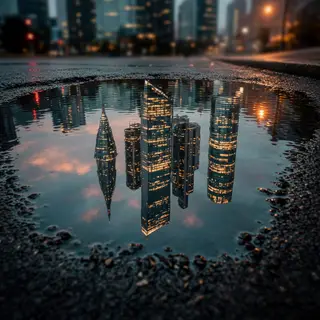 A city skyline reflected in a rain puddle on a street, with 