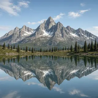A mountain range reflected in a still alpine lake, with the 