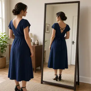 A woman standing in front of a full-length mirror, her refle