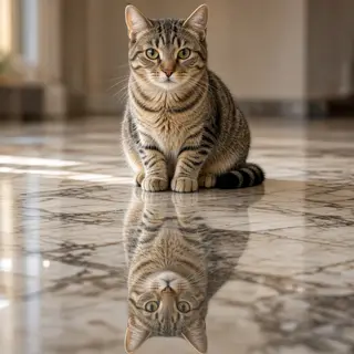 A cat sitting on a polished marble floor with its reflection