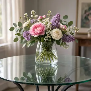 A vase of flowers on a glass table with a clear reflection v