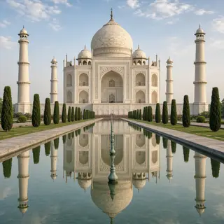 The Taj Mahal in Agra seen from the reflecting pool, with ac