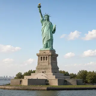 The Statue of Liberty on her island pedestal, with correct t