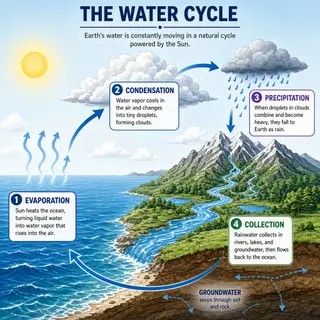 A detailed diagram of the water cycle showing evaporation fr
