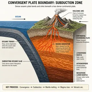A cross-section showing tectonic plates at a convergent boun