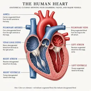 An anatomical illustration of the human heart showing four c