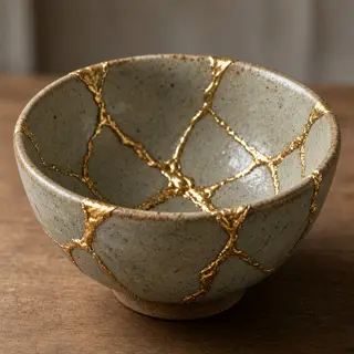 A Japanese kintsugi bowl — cracked ceramic repaired with vis